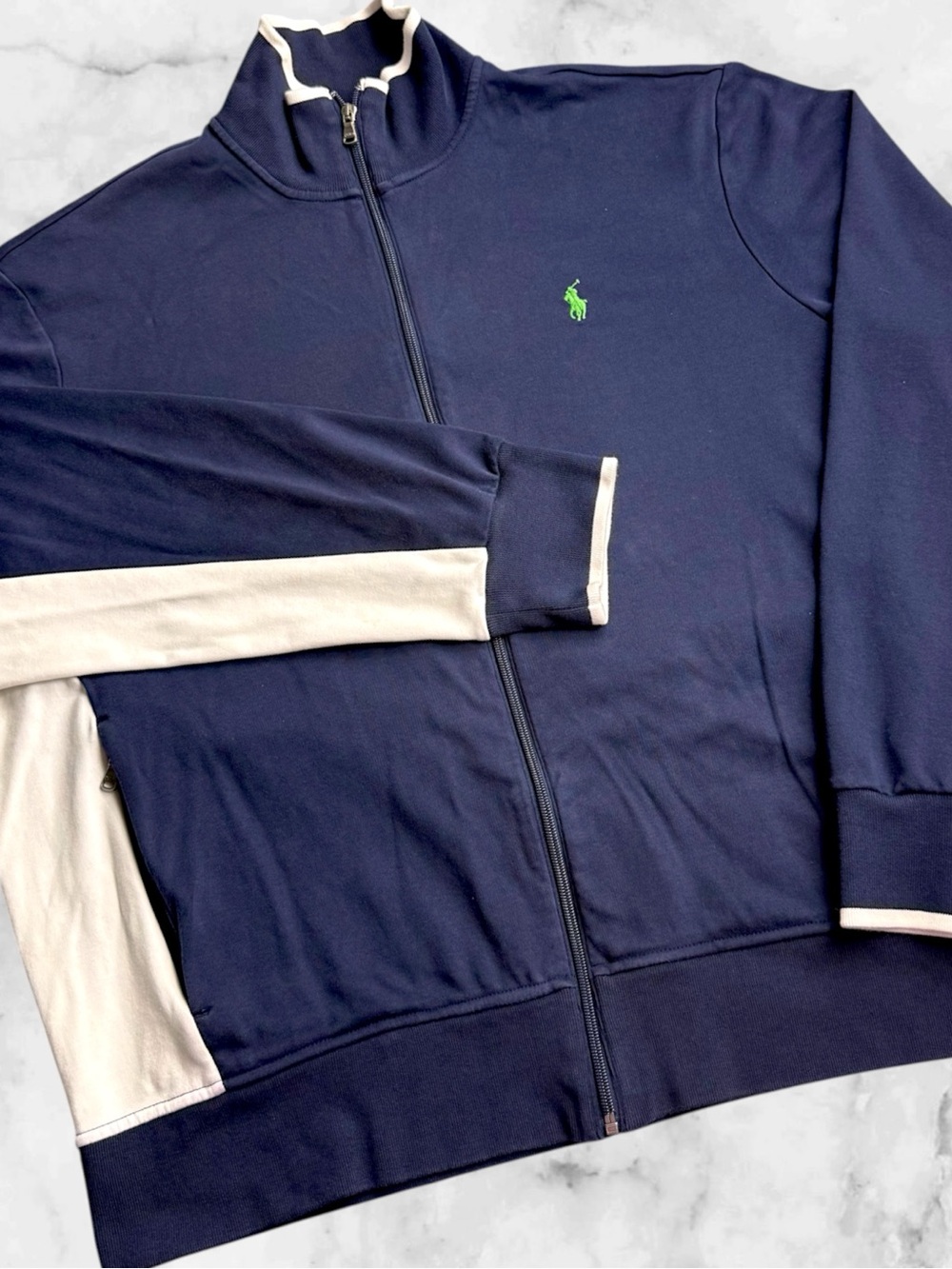 Polo Ralph Lauren Track Jacket Mens XL Navy Blue White Pony Logo Full Zip Cotton